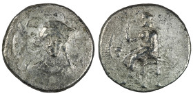 CILICIA, Soloi. Balakros. Satrap of Cilicia, 333-323 BC. AR Stater. Baaltars seated left, holding lotus-tipped scepter; grain ear and grape bunch to l...