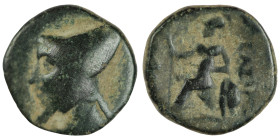 KINGS OF CAPPADOCIA. Ariarathes IV Eusebes (Circa 220-163 BC). Ae.
Obv: Draped bust left, wearing bashlyk.
Rev: APIAPAΘΗΣ.
Athena seated left, hold...