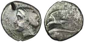 Paphlagonia. Sinope. AR Drachm. , Diony-, magistrate,Circa 330-300 BC.
Obv: Head of Nymph left, with hair in sakkos, circular border of dots.
Rev: Δ...