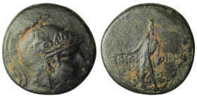 Paphlagonia, Sinope, AE, Struck under Mithradates VI Eupator, Circa 105-90 or 90-85 BC.
Obv: Helmeted head of Athena right.
Rev: ΣΙΝΩ – ΠΗΣ, Perseus...