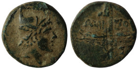 PONTOS. Amisos. Ae (85-65 BC).
Obv: Head of Perseus right, wearing a winged helmet.
Rev: AMI-ΣOY.
Winged harpa; monogram right.
SNG Copenhagen 160...