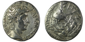 Augustus AR Tetradrachm of Seleukis and Pieria, Antioch, Syria. Year 28, COS 12 (4/3 BC). Laureate head r. / Tyche seated r., holding palm branch; riv...