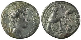 Augustus AR Tetradrachm of Seleukis and Pieria, Antioch, Syria. Year 28, COS 12 (4/3 BC). Laureate head r. / Tyche seated r., holding palm branch; riv...