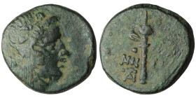 PONTOS. Amisos. Ae (85-65 BC).
Obv: Head of Perseus right, wearing a winged helmet.
Rev: AMI-ΣOY.
Winged harpa; monogram right.
SNG Copenhagen 160...