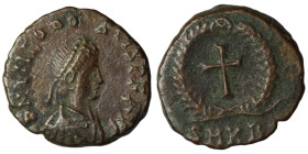 Theodosius II, 402-450. Nummus , Cyzicus 2nd officina, 425-435. D N THEODOSIVS P F AVG Pearl-diademed, draped bust of Theodosius to right. Rev. SMKB C...