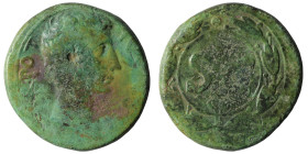 Syria. Antioch. Augustus 27 BC-14 AD.
Bronze Æ
[IMP AVGVST?] TR POT, laureate bust right / SC in a laurel wreath of eight leaves.
BMC 128 var; RPC ...