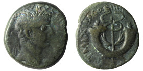 Tiberius. A.D. 14-37. AE dupondius. Syria, Commagene, struck A.D. 19-20. TI CAESAR DIVI AVGVSTI F AVGVSTVS, laureate head right / PONT MAXIM COS III I...