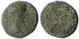 Syria. Antioch. Augustus 27 BC-14 AD.
Bronze Æ
[IMP AVGVST?] TR POT, laureate bust right / SC in a laurel wreath of eight leaves.
BMC 128 var; RPC ...