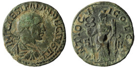 Trajan Decius Æ25 of Antioch, Pisidia. AD 249-251. IMP CAES TRAIAN DECIVS AV, radiate, draped and cuirassed bust right / ANTIOCHI COL CA, Fortuna stan...