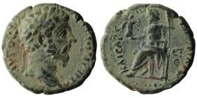 CAPPADOCIA, Nicopolis ad Lycum. Marcus Aurelius. AD 161-180. Æ. Dated CY 91 (AD 162/3). Laureate head right / Zeus seated left, holding Nike and scept...