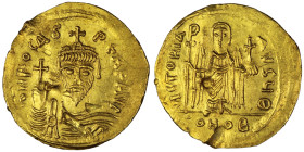 Phocas, 602-610. Solidus, Constantinopolis, 607-610. δ N FOCAS PЄRP AVI Draped and cuirassed bust of Phocas facing, wearing crown and holding globus c...