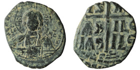 Anonymous, attributed to Romanus III (ca. 1028-1034) AE Follis. Constantinople, 1028-1034.
Obv: + ЄMMANOVHΛ - nimbate bust of Christ facing, square i...