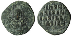 Anonymous Folles, attributed to II and Constantine VIII (976-1028) AE Follis Constantinople
Obv: IC-XC to left and right of nimbate bust of Christ fa...