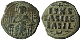 Anonymous follis atributted to Constantine IX (1050-1060 AD) Constantinople, AE Follis
Obv:Christ seated facing on throne with back, wearing nimbus c...