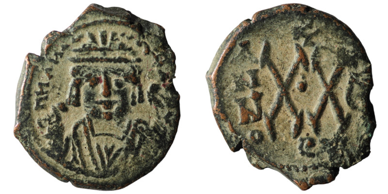 Maurice Tiberius AD 582-602. Dated RY 5=AD 587/8. Theoupolis (Antioch) Half foll...