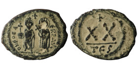Phocas, 602-610. Half Follis , Thessalonica. D m FOCA ERP AVG Phocas, on left, crowned, holding globus cruciger in right hand, and Leontia, on right, ...