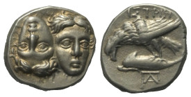 Moesia Inferior. Istros.

 Drachme (Silber). Ca. 280 - 255 v. Chr.
Vs: Zwei jugendliche, männliche Köpfe nebeneinander en face, der linke umgekehrt...
