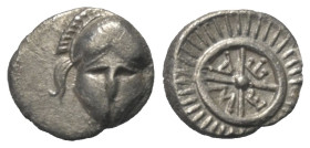 Thrakien. Mesembria.

 Diobol (Silber). Ca. 420 - 320 v. Chr.
Vs: Korinthischer Helm en face.
Rs: META in vierspeichigem Rad, das von einem Strich...