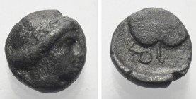 Kleinasien. Satrapenprägung im westlichen Kleinasien.

 Bronze. 4. Jhdt. v. Chr.
Vs: Kopf des Apollon mit Lorbeerkranz rechts.
Rs: Blatt; im Feld ...