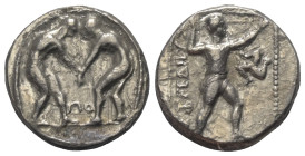 Pamphylien. Aspendos.

 Stater (Silber). Ca. 380 - 325 v. Chr.
Vs: Zwei Ringer einander gegenüber, der linke packt mit beiden Händen den linken Arm...