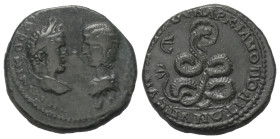Moesia Inferior. Markianopolis. Caracalla (197 - 217 n. Chr.) und Iulia Domna.

 Bronze.
Vs: Büste des Caracalla mit Lorbeerkranz und drapierte Büs...