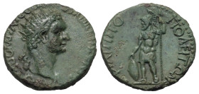 Thrakien. Philippopolis. Domitianus (81 - 96 n. Chr.).

 Bronze. 88 - 89 n. Chr.
Vs: Kopf mit Strahlenkrone rechts.
Rs: Ares mit Helm, Speer und S...