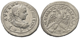 Seleukis und Pierien. Antiochia am Orontes. Elagabalus (218 - 222 n. Chr.).

 Tetradrachme (Billon).
Vs: Büste des Elagabal in Rückansicht mit Lorb...