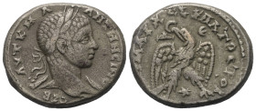 Seleukis und Pierien. Antiochia am Orontes. Elagabalus (218 - 222 n. Chr.).

 Tetradrachme (Billon).
Vs: Büste mit Lorbeerkranz und Drapierung über...