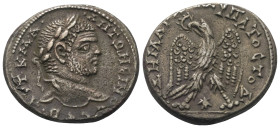 Seleukis und Pierien. Laodikeia ad Mare. Caracalla (197 - 217 n. Chr.).

 Tetradrachme (Billon). 215 - 217 n. Chr.
Vs: Büste des Caracalla mit Lorb...