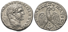 Phönikien. Akko-Ptolemais. Caracalla (197 - 217 n. Chr.).

 Tetradrachme (Billon). Ca. 215 - 217 n. Chr.
Vs: Büste mit Lorbeerkranz rechts.
Rs: Ad...