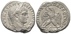 Judäa. Caesarea Maritima. Caracalla (197 - 217 n. Chr.).

 Tetradrachme (Billon). Ca. 215 - 217 n. Chr.
Vs: Kopf mit Lorbeerkranz rechts.
Rs: Adle...