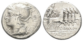 M. Baebius Tampilus.

 Denar (Silber). 137 v. Chr. Rom.
Vs: TAMPIL. Kopf der Roma mit geflügeltem Helm links, davor Wertzeichen.
Rs: ROMA / M BAEB...