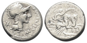 M. Cipius.

 Denar (Silber). 115 - 114 v. Chr. Rom.
Vs: M CIPI M F. Kopf der Roma mit geflügeltem Helm rechts, dahinter Wertzeichen.
Rs: ROMA. Vic...