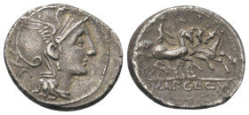 Appius Claudius Pulcher mit T. Manlius Mancinus und Q. Urbinius.

 Denar (Silber). 111 oder 110 v. Chr. Rom.
Vs: Kopf der Roma mit geflügeltem Helm...