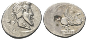 Q. Titius.

 Denar (Silber). 90 v. Chr. Rom.
Vs: Bärtiger Kopf mit geflügeltem Diadem rechts.
Rs: Pegasus nach rechts springend, darunter Basis mi...