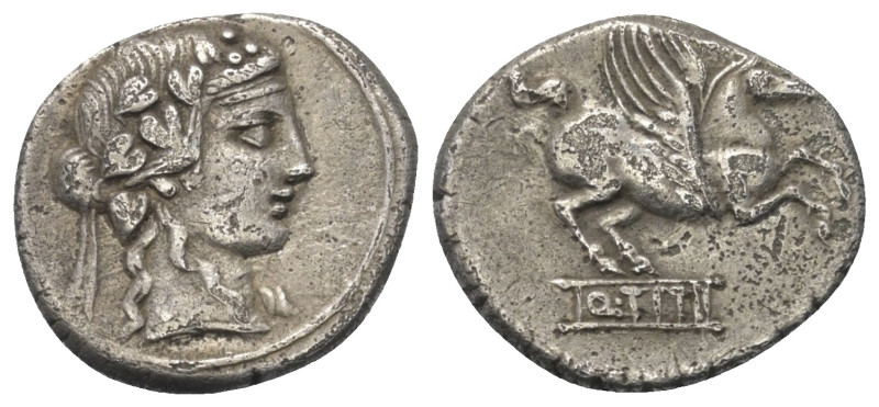 Q. Titius.

 Denar (Silber). 90 v. Chr. Rom.
Vs: Kopf des Bacchus (Liber) mit...