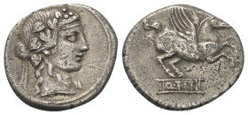 Q. Titius.

 Denar (Silber). 90 v. Chr. Rom.
Vs: Kopf des Bacchus (Liber) mit Efeukranz rechts.
Rs: Pegasus nach rechts springend, darunter Basis ...