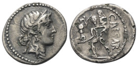C. Iulius Caesar.

 Denar (subärat). 47 - 46 v. Chr. Münzstätte in Nordafrika.
Vs: Kopf der Venus mit Diadem rechts.
Rs: CAESAR. Aeneas mit Pallad...