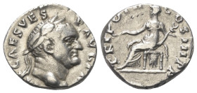 Vespasianus (69 - 79 n. Chr.).

 Denar (Silber). 70 - 72 n. Chr. Rom.
Vs: IMP CAES VESP AVG P M. Kopf mit Lorbeerkranz rechts.
Rs: TRI POT II COS ...