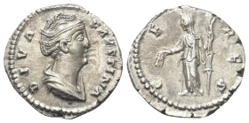 Faustina I. (gest. 141 n. Chr.). Diva Faustina I.

 Denar (Silber). Nach 141 n. Chr. Rom.
Vs: DIVA FAVSTINA. Drapierte Büste rechts.
Rs: CERES. Ce...