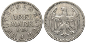 Weimarer Republik.

 3 Mark (Silber). 1924 J. Hamburg.
Vs: Wertangabe und Jahreszahl.
Rs: Reichsadler.

30 mm. 14,92 g. 

Jaeger 312.
 Sehr s...