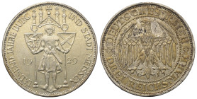 Weimarer Republik.

 3 Reichsmark (Silber). 1929 E. Muldenhütten.
1000 Jahre Burg und Stadt Meißen.

Vs: Ritter mit zwei Wappen.
Rs: Reichsadler...