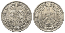 Weimarer Republik.

50 Reichspfennig (Nickel). 1933 J. Hamburg.
Vs: Wertbezeichnung im Eichenkranz
Rs: Reichsadler und Jahreszahl.

20 mm. 3,52 ...