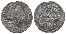 Polen. Königreich. Sigismund III. Wasa (1587 - 1632).

 Dreigröscher (Billon). 1601. Posen (Poznan).
Vs: Gekrönter Kopf mit Harnisch- und Mühlstein...