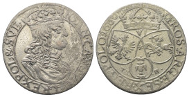 Polen. Königreich. Johann II. Kasimir (1649-1668).

 Sechsgröscher (Szostak, Silber). 1661 TLB. Krakow (Krakau).
Vs: Bekrönte Büste rechts.
Rs: Wa...