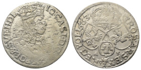 Polen. Königreich. Johann II. Kasimir (1649-1668).

 Sechsgröscher (Szostak, Silber). 1663 AT. Krakow (Krakau).
Vs: Bekrönte Büste rechts.
Rs: Wap...