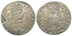 Polen. Königreich. Johann II. Kasimir (1649-1668).

 Sechsgröscher (Szostak, Silber). 1663 AT. Krakow (Krakau).
Vs: Bekrönte Büste rechts.
Rs: Wap...