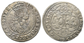 Polen. Königreich. Johann II. Kasimir (1649-1668).

 Sechsgröscher (Szostak, Silber). 1663 AT. Krakow (Krakau).
Vs: Bekrönte Büste rechts.
Rs: Wap...