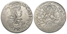 Polen. Königreich. Johann II. Kasimir (1649-1668).

 Sechsgröscher (Szostak, Silber). 1663 AT. Krakow (Krakau).
Vs: Bekrönte Büste rechts.
Rs: Wap...
