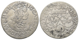 Polen. Königreich. Johann II. Kasimir (1649-1668).

 Sechsgröscher (Szostak, Silber). 1663 AT. Krakow (Krakau).
Vs: Bekrönte Büste rechts.
Rs: Wap...